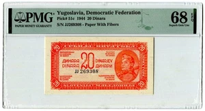 PMG 68 Yugoslavia 1944 Federación Democrática Billetes 20 Dinara P-51c - Imagen 1 de 2