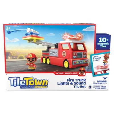 Fire Station Firetruck TileTown Magnetic Tiles Building Playset Vehicle Lights - Image 1 of 4