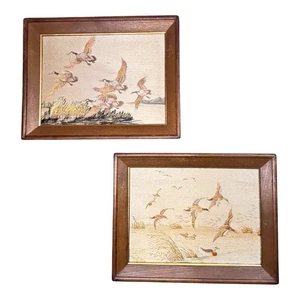 Pair of VTG  Japanese Hand Embroidery Silk Pictures Ducks Mallards OMI Art Co. - Picture 1 of 19