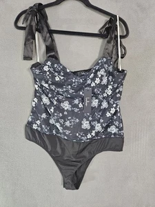 NWT Lulus XL Bodysuit Black Mesh Floral Goth Tank Ribbon Ties Cheeky Croquet  - Picture 1 of 8