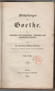 Mittheilungen über Goethe. 1. Band Riemer 1841 Duncker & Humblot - Bild 1 von 4