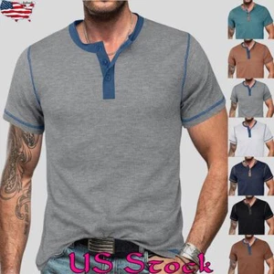 Mens Solid Casual Button Collar T-shirts Summer Slim Fit Business Blouse Top Tee - Picture 1 of 44
