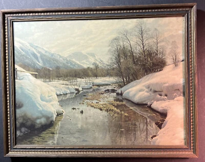 Antiguo marco de madera dorada yeso y paisaje de invierno vintage alambre de vidrio antiguo Foto 1 de 4