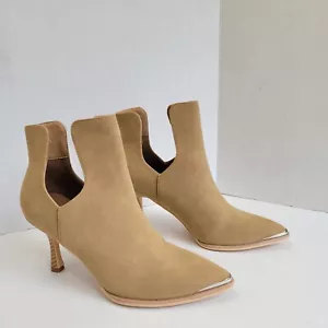 Womens Tan Frendin Cut-Out Pointed Toe High Heel Boots Sz 6.5 Faux Suede Booties - Picture 1 of 7
