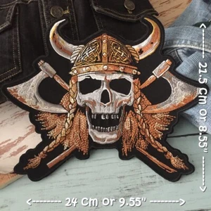 Viking Warrior Skull Biker Motorcycle Iron on Embroidered Large Back patch XL  - Picture 1 of 2