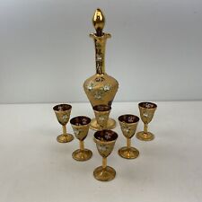 Vintage Murano Style Gold & Ruby Red Floral Decanter w/ 6 Glasses (H2) S#584
