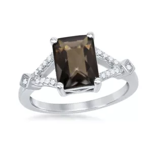 Sterling Silver 2.346 ct Octagon Smoky Quartz with .144 ct White Topaz Ring - Picture 1 of 1