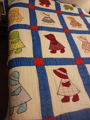 Vtg All Handmade Quilt Coverlet Applique Patchwork Sunbonnet Sue 68 x 90 in. - Image 1 of 4