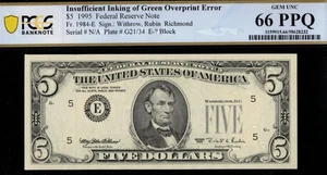 1995 $5 FRN INSUFFICIENT INK P.C.GS #66Q - Picture 1 of 3