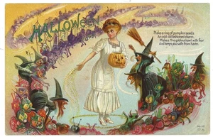Halloween Postcard Nash Lady Casting Spell Pumpkin JOL Witches Goblins Vintage - Picture 1 of 2