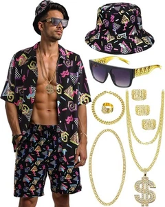 80s 90s Outfit for Men, Hip Hop Costume Button Up Blouse Tops Shorts Bucket H... - Picture 1 of 5