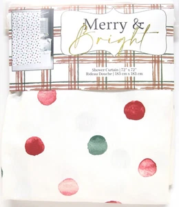 Merry & Bright 100% Cotton Shower Curtain Watercolor Dots Red Green Ivory - NEW - Picture 1 of 1