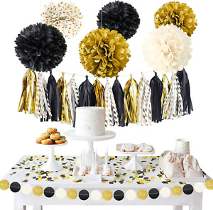 Black Gold Party Decoration, 23PCS Tissue Paper Pom Poms Kit Hanging Polka Dot P