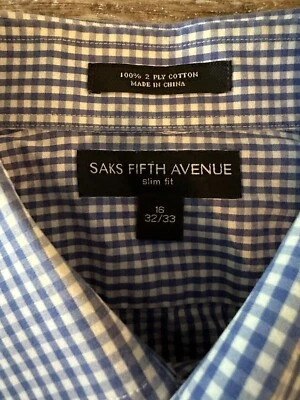 Saks Fifth Avenue Shirt Men’s Slim Fit Size 32/33 Blue Checkered - Image 1 of 4