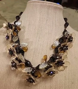 Artisan Glass Flower Necklace Yellow, Black, Metal Caps 19" Chunky New Gift - Picture 1 of 11