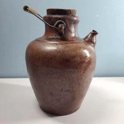 ANTIGUA JARRA DE ACEITE MARRÓN GRANDE CHINA (c1940) con tapón de madera original 10"  Foto 1 de 4