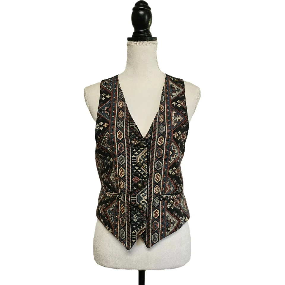 Vintage 90s Karen Kane Tribal Southwest Tweed Tie-Back Vest Sz M Aztec Western  Foto 1 de 4