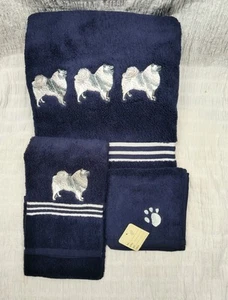 Keeshond Dog Embroidered 3 Piece Bathroom Towel Set: Bath, Hand, Wash Dark Blue - Picture 1 of 5