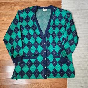 Vintage Koret Cardigan Sweater L Green Blue Argyle Diamond Preppy Academia USA - Picture 1 of 9