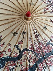 Vintage Rice Paper Bamboo Umbrella Parasol Hand painted Cherry Blossom Birds