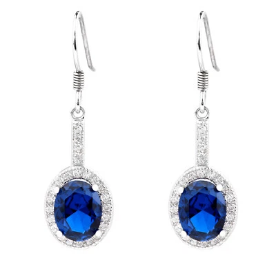 Women 925 Silver Dangle Earrings with Hook 7x9mm Oval CZ Classic Ear Jewelry - Image 1 of 4