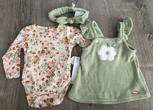 Tahari Baby Girls 3 pc set Sz 0-3 Months Green Pink Dress Floral Shirt Headband - Picture 1 of 2