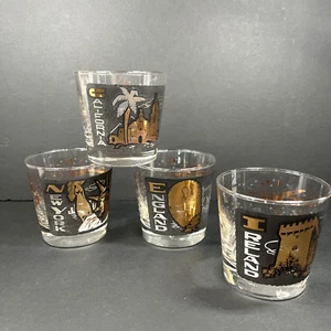 Vtg Collectible TWA Airline Destination Glasses Set 4 Black Gold Lowball Atomic  - Picture 1 of 11