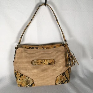 B Makowsky Woven Jute Leather Trim Shoulder Bag Snake Embossed Beige Yellow - Picture 1 of 14