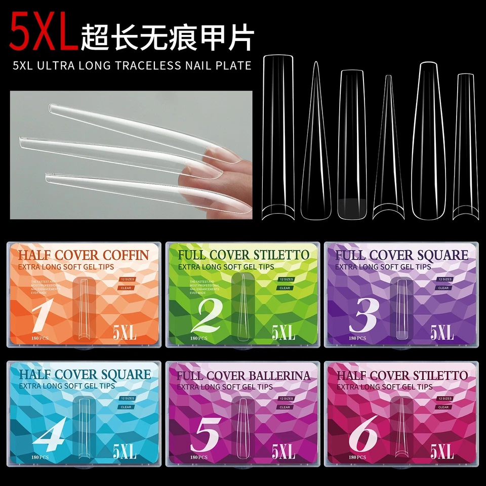 180pcs 5XL Extra Long Coffin/Stiletto/Square/Ballerina Soft Gel Nail Tips Clear - Image 1 of 4