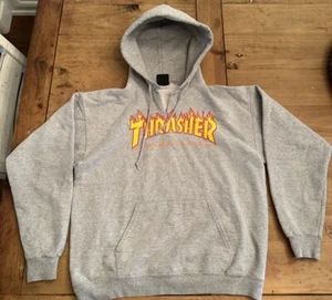 Thrasher Magazine Hoodie Flame Logo Medium Pullover Grey Skateboarding Cut Neck - Picture 1 of 6
