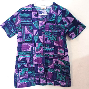 Peaches Women's Scrub Nursing Uniform Top Button Up Shirt Purple Size XS Cotton