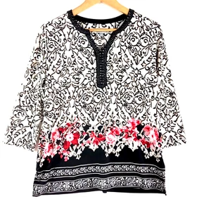 JM Collection Top Shirt Women's Size P/XL Black White Floral Studded Pullover - Picture 1 of 6