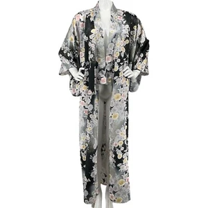 Japanese Robe Womens One Size Fits Most Black Floral Kimono sleeve New with Belt - Picture 1 of 10