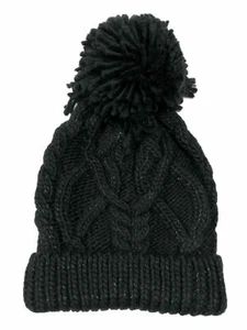Womens Black & Silver Sparkle Cable Knit Pom Beanie Hat Knit Stocking Cap - Picture 1 of 1