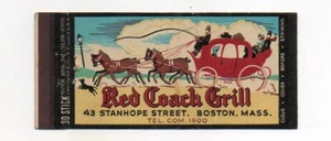 Red Coach Grill Boston MA Unused Vintage Full Length Front Strike Matchcover - Picture 1 of 2