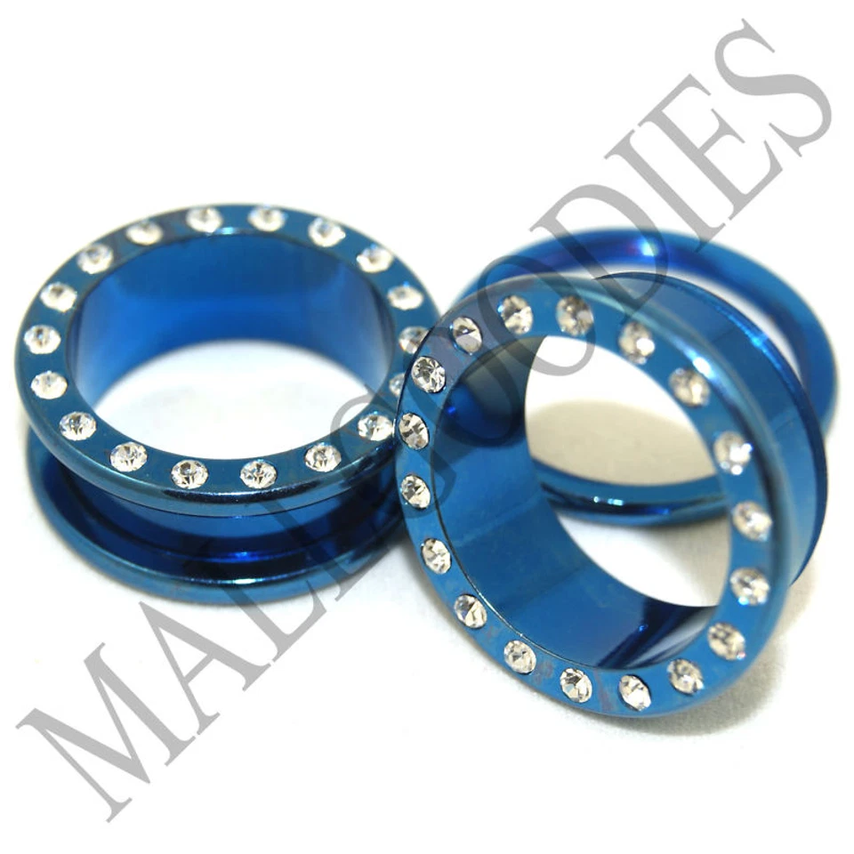 V046 Ajuste a rosca Azul Circonita cúbica Acero quirúrgico Carne Túneles Tapones para los oídos 10G ~ 1" Foto 1 de 1