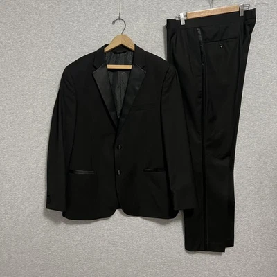 Caravelli Tuxedo Suit Jacket Pants Mens 42R 36W Black Satin Lapel Side Stripe - Image 1 of 4