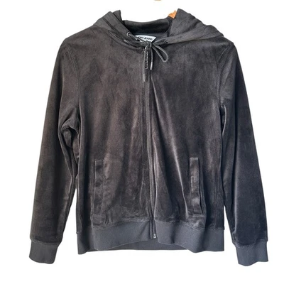 DKNY Jeans Hoodie Jacket Black Velour Rhinestone Full Zip Loungewear PM NWOT - Image 1 of 4