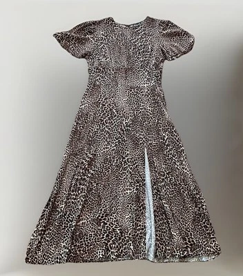 САХАР + ГУБЫ леопард печать со сборками макси платье замочная скважина стороны разрез женщин Sz L - Изображение 1 из 4