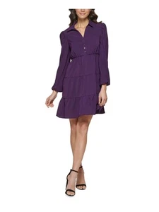 KENSIE DRESSES Womens Purple Button Front Long Sleeve Fit + Flare Dress 10 - Picture 1 of 11