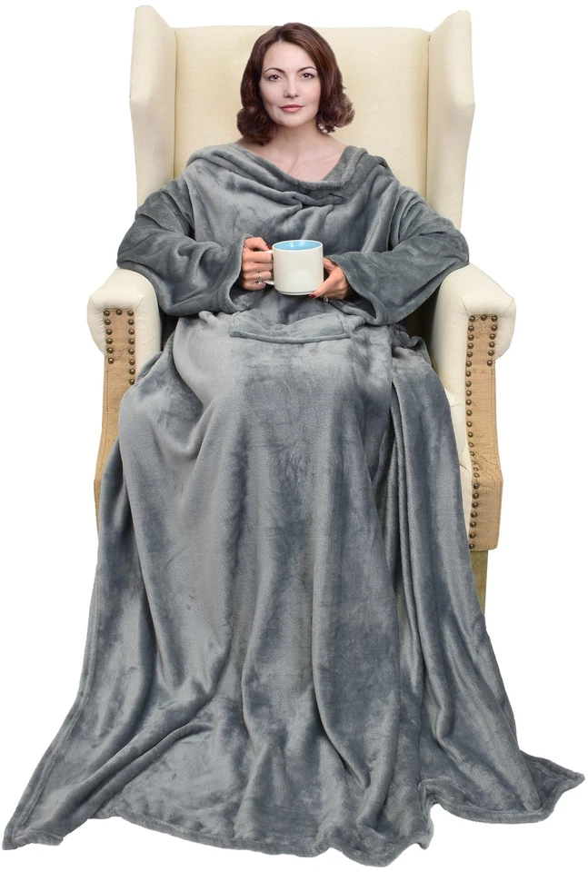 Catalonia Wearable Blanket With Sleeves and Pocket Soft Fleece Mink Micro Plush