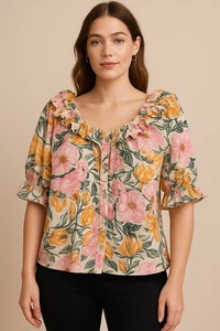 Anthropologie Cecilia Pettersson Women's 1X Pink Blouse Ruffled Boho Floral - Picture 1 of 9