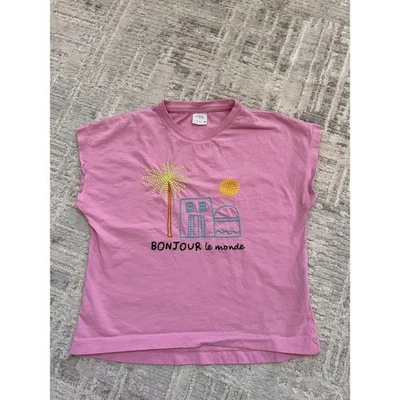 Zara Kids Pink Embroidered Bonjour Palm Tree Graphic T-Shirt Top 11-12 - Image 1 of 4