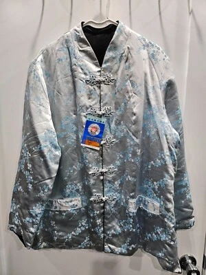 Chaqueta acolchada con guata de seda bordada china Peony reversible azul claro/negro Foto 1 de 4