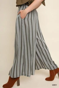 Umgee Pants Grey Striped High Waist Wide Leg Palazzo Boho Trouser with Pockets S - Picture 1 of 3