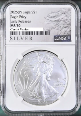 2025 p silver eagle with eagle privy ngc ms70 early releases als label   in hand - Image 1 of 4