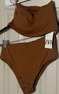 Traje de baño ZARA 2 piezas adjunto a un lado marrón topo asimétrico mediano nuevo con etiquetas - Imagen 1 de 8