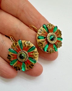 Pendientes enchapados en oro de 24 K en tonos verdes azules hechos a mano - Imagen 1 de 4