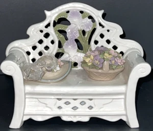 Iris Garden Bench Music Box, Plays "I Will Wait for You" Intricate Floral Basket - Picture 1 of 5