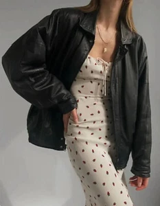 60's Women's Handmade Oversized Real Leather Black Bomber Jacket - Picture 1 of 8